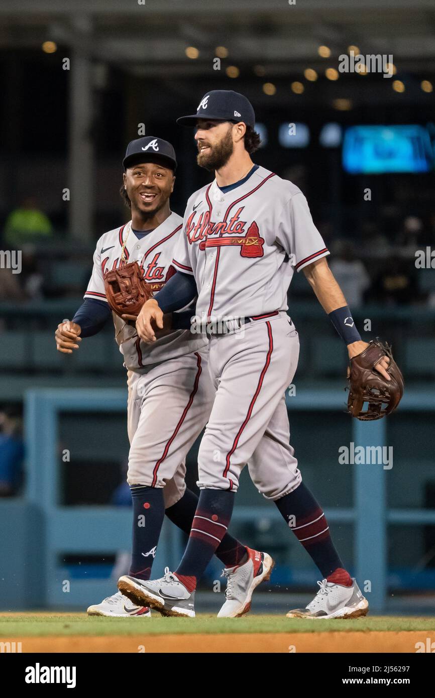 Los Angeles, United States. 19th Apr, 2022. Atlanta Braves second baseman  Ozzie Albies (1) and shortstop Dansby Swanson (7) during a MLB game against  the Los Angeles Dodgers, Tuesday, April 19, 2022