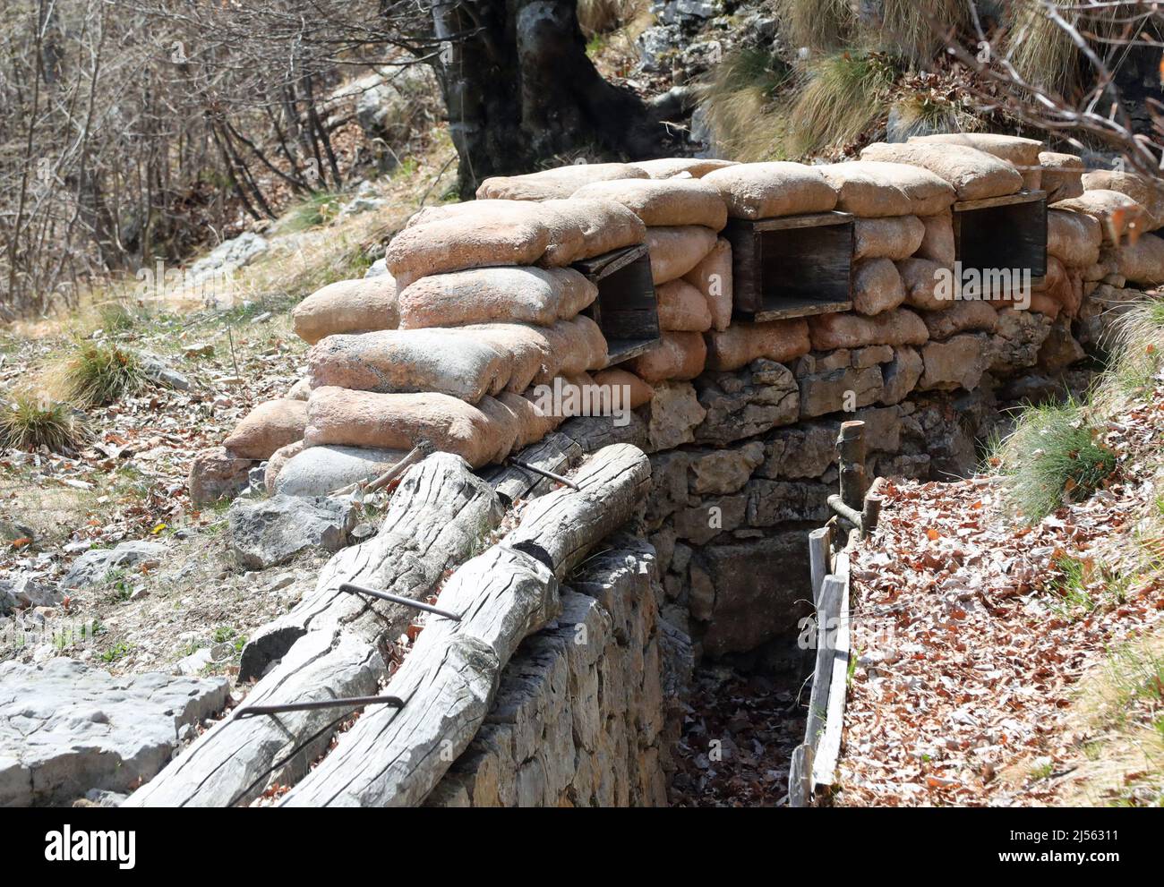 sandbags for the protection of the trenches dug into the rock by the soldiers  during the war Stock Photo