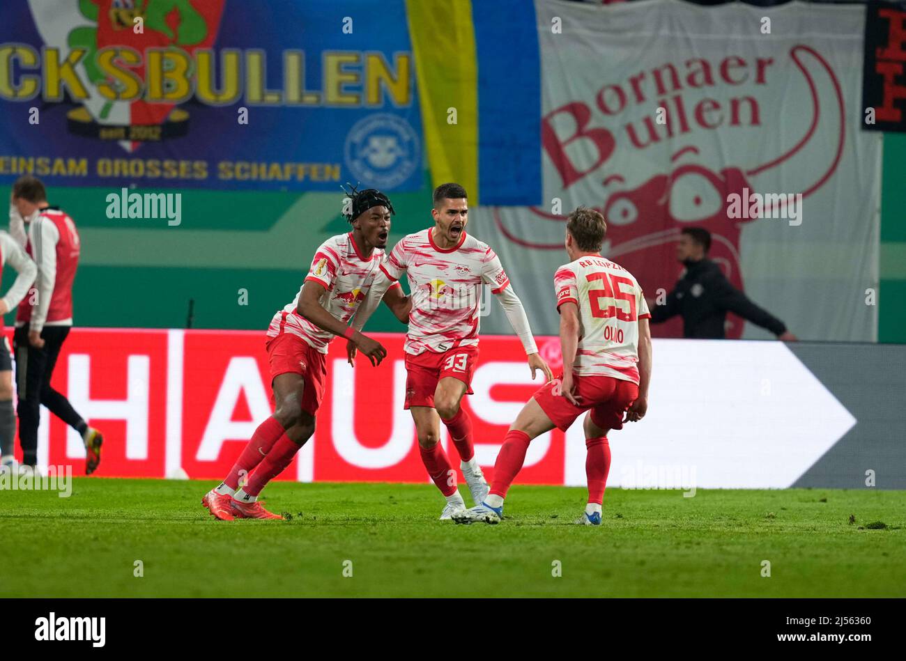 Leipzig, Germany - April 20:Fans celebrate Sheraldo Becker of Union Berlin scoring scoring their first goal during the DFB-Pokal Semi-final match between RB Leipzig against 1. FC Union Berlin at Red Bull Arena on April 20, 2022 in Leipzig, Germany. (Photo by Thor Wegner/DeFodi Images) Stock Photo