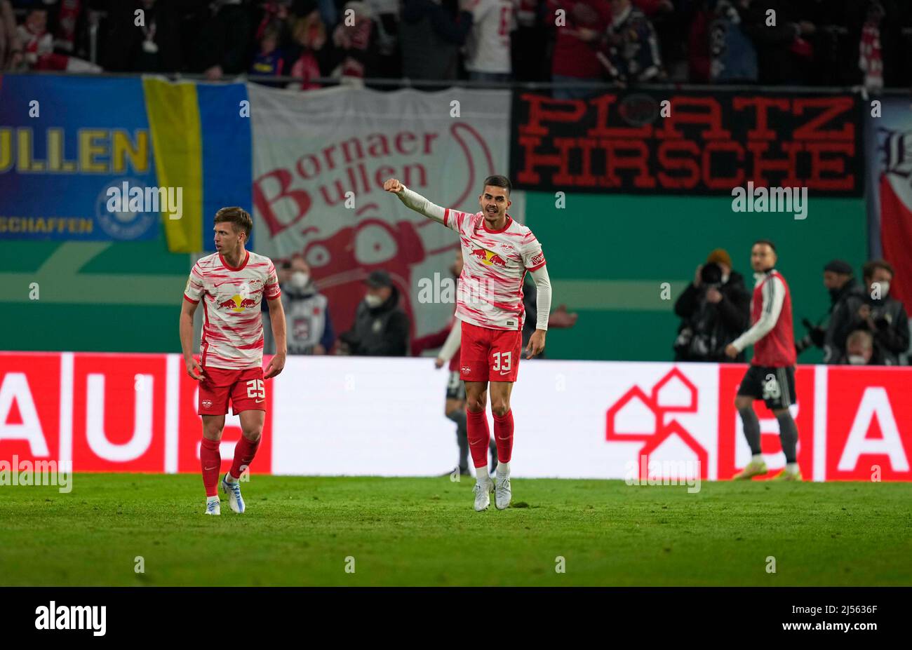 Leipzig, Germany - April 20:Fans celebrate Sheraldo Becker of Union Berlin scoring scoring their first goal during the DFB-Pokal Semi-final match between RB Leipzig against 1. FC Union Berlin at Red Bull Arena on April 20, 2022 in Leipzig, Germany. (Photo by Thor Wegner/DeFodi Images) Stock Photo