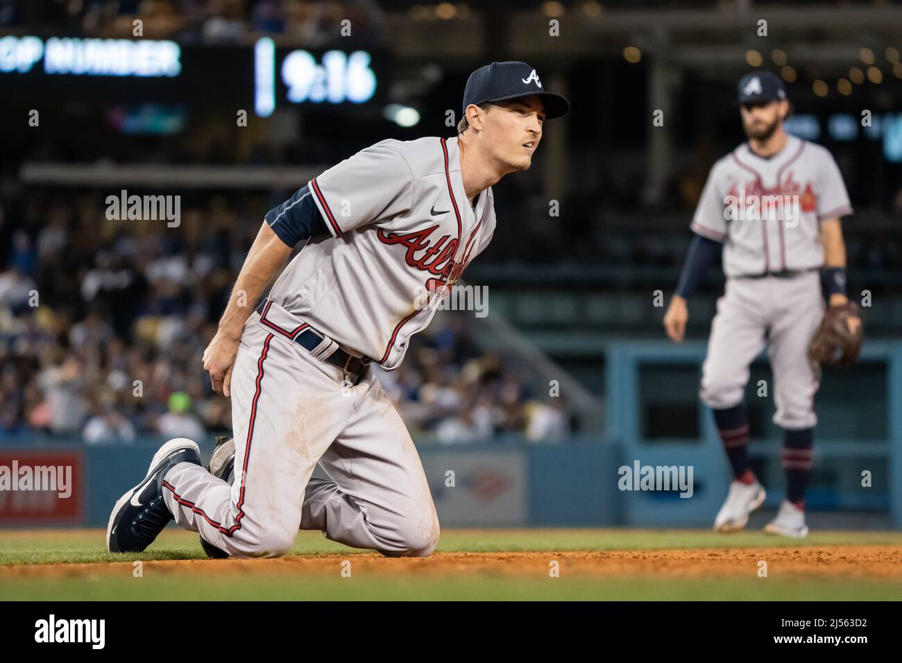 Atlanta Braves starting pitcher Max Fried (54) reacts during a MLB game against the Los Angeles Dodgers, Tuesday, April 19, 2022, at Dodger Stadium, i Stock Photo