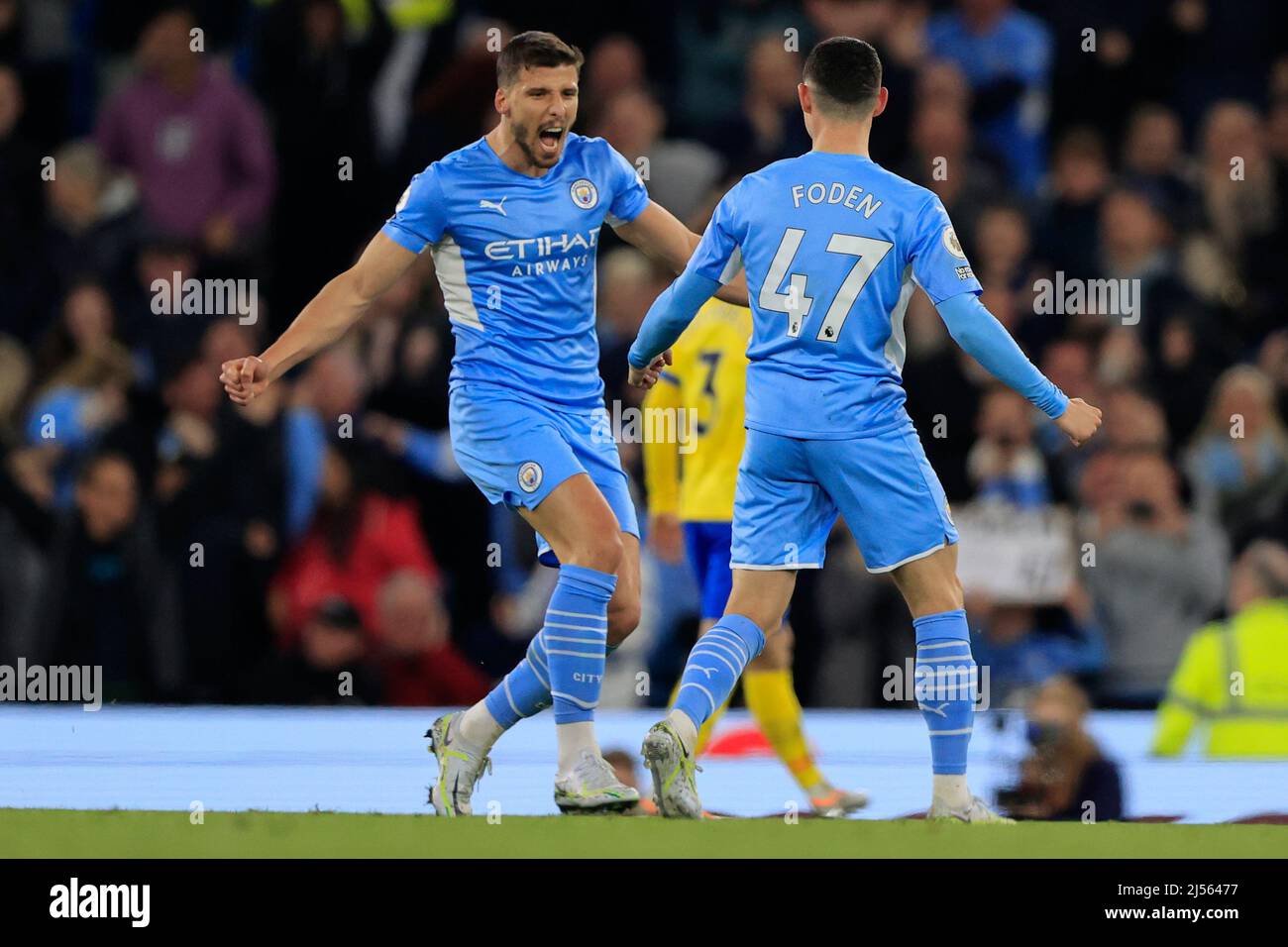Ruben Dias #3 of Manchester City celebrates a goal by Phil Foden #47 of Manchester City to make it 2-0 Stock Photo