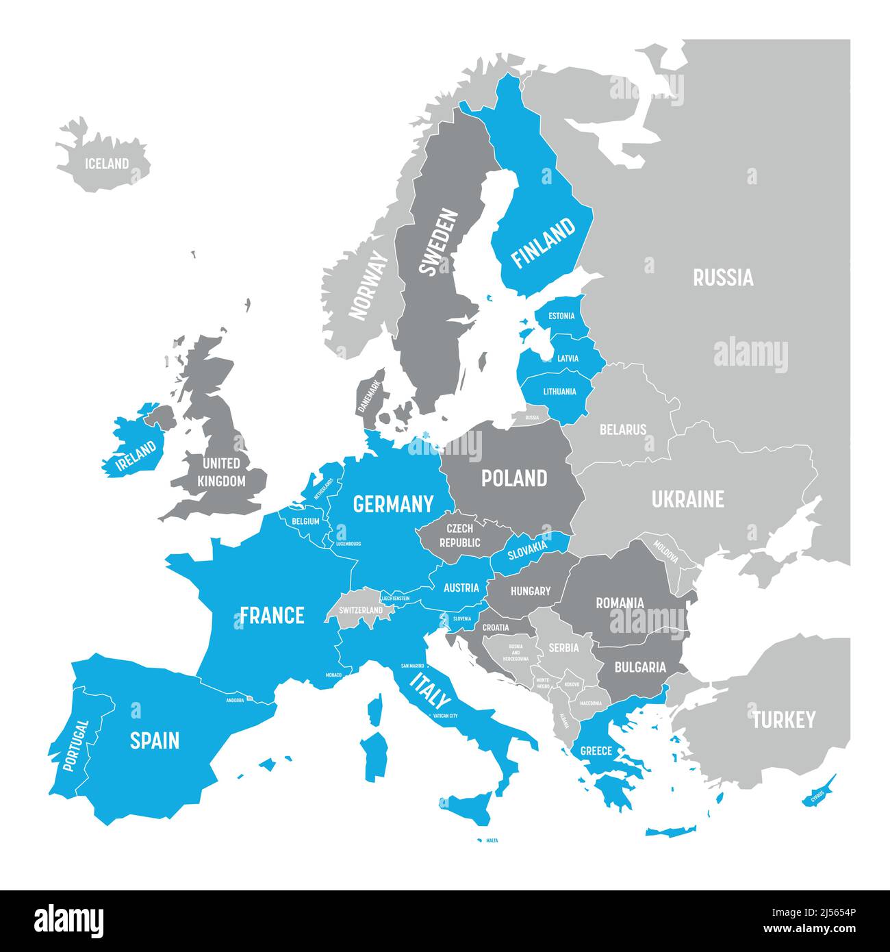 Map of Eurozone. States using Euro currency. Grey vector map with blue highlighted member countries and dark grey EU member states Stock Vector