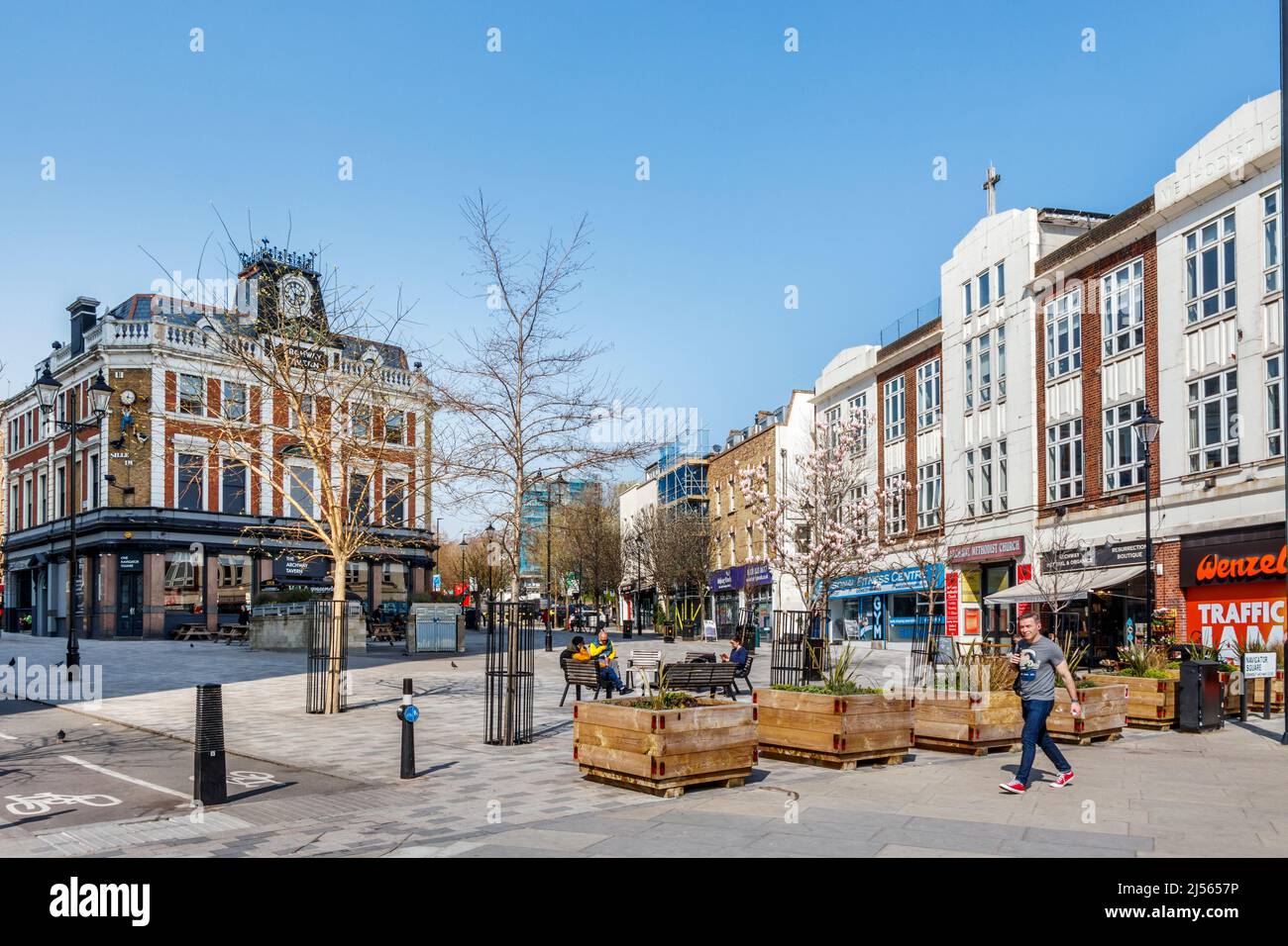 The Archway Tavern and Methodist Church in Navigator Square, a pedestrianised public area in Archway town centre in North Islington, London, UK Stock Photo