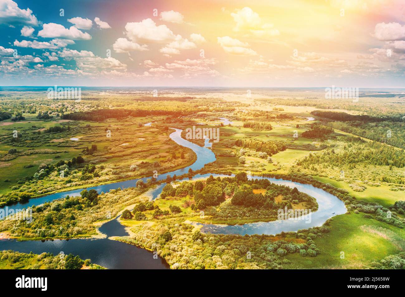 Aerial View Of Summer Curved River Landscape In Sunny Summer Day. Top View From High Attitude In Summer Season. Stock Photo