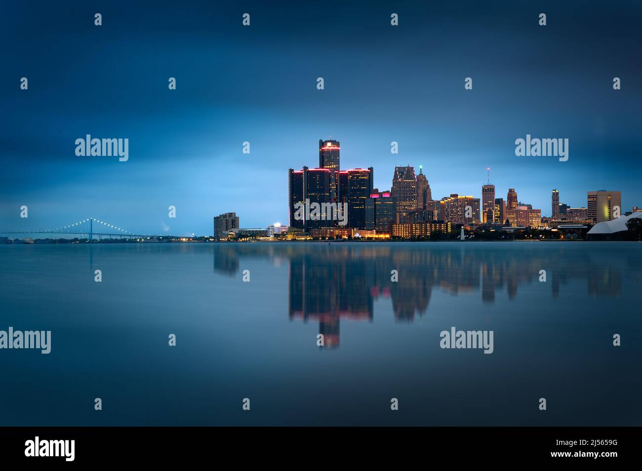 Detroit, Michigan skyline at night shot from Windsor, Ontario, USA Stock Photo