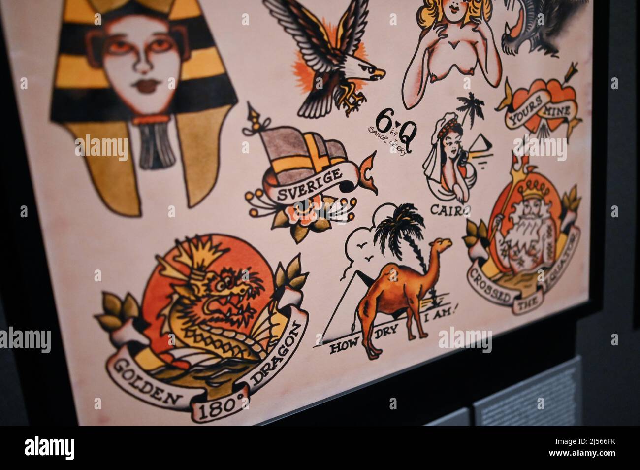 Tattoo designs by Sailor Jerry.    'Tattoo. Art Under the Skin' in CaixaForum Madrid, the biggest exhibition ever devoted to the history of tattooing, Stock Photo