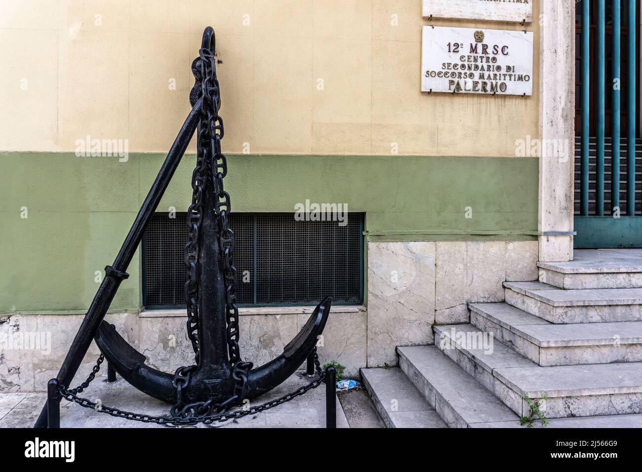 An old anchor outside the offices of the Maritime Rescue Centre of Palermo, Sicily, Italy. Stock Photo