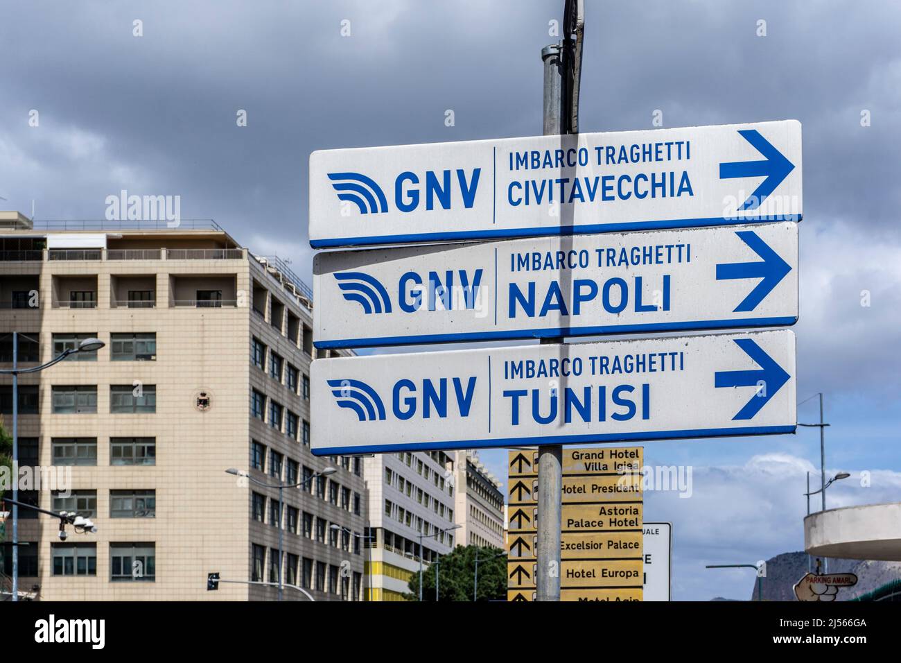 Near the docks area of Palermo, Sicily, Italy signs for ferries boarding for Civitavecchia, Naples and Tunis. Stock Photo