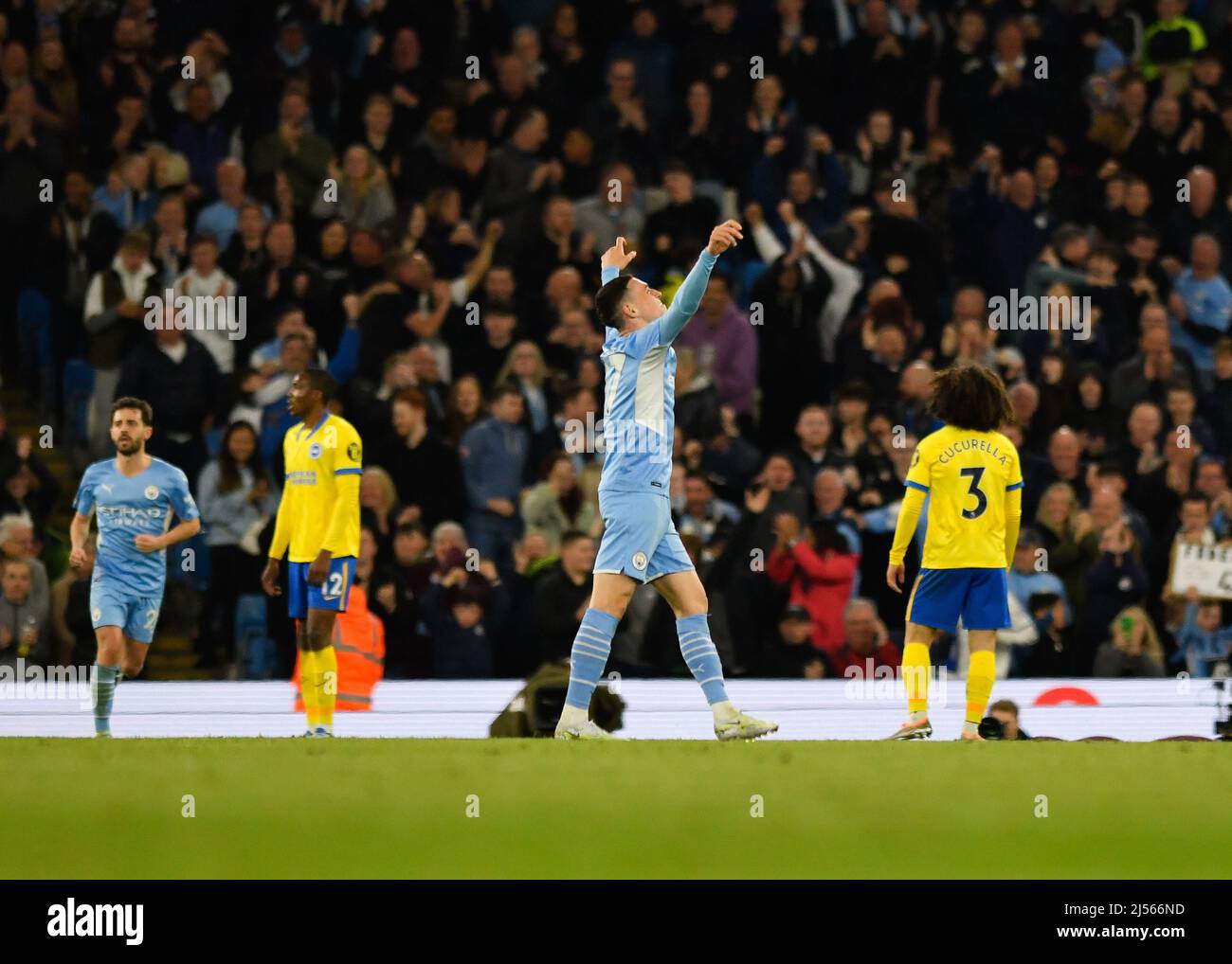 City Stadium, Manchester, UK. 20th Apr, 2022. Premier League football, Manchester City versus Brighton and Hove Albion; Phil Foden of Manchester City celebrates after scoring in the 65th minute for 2-0 Credit: Action Plus Sports/Alamy Live News Stock Photo