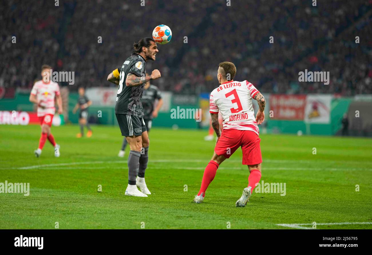 Red Bull Arena, Leipzig, Germany. 20th Apr, 2022. Christopher Trimmel of Union Berlin heads during RB Leipzig against FC Union Berlin, DFB-Pokal Semi-final at Red Bull Arena, Leipzig, Germany. Kim Price/CSM/Alamy Live News Stock Photo