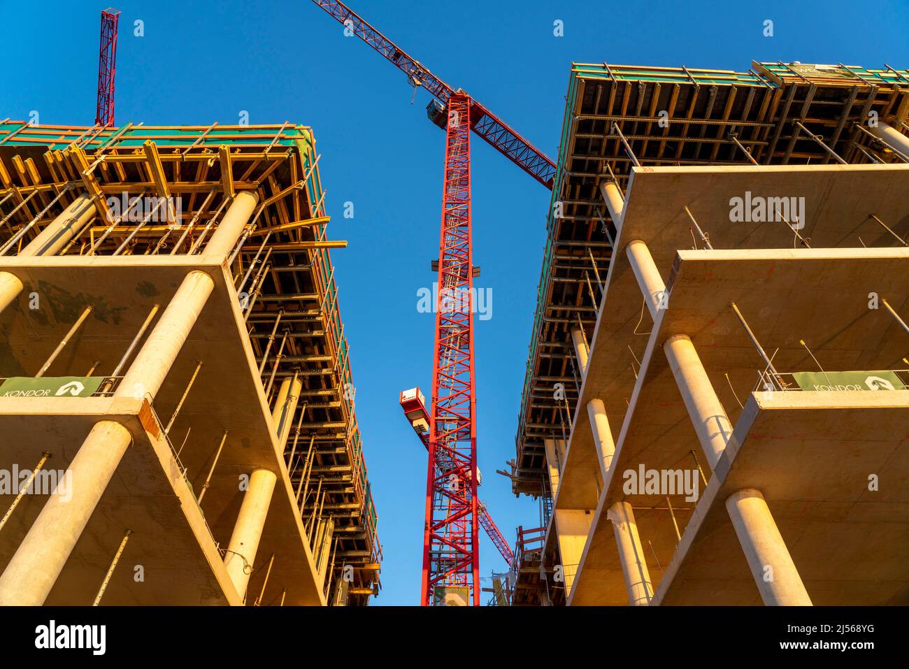 New construction of a residential and office building in Düsseldorf, shell, crane, Stock Photo