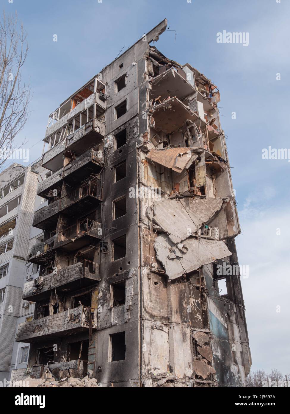 War in Ukraine. Russian aggression. Russia is bombing Ukraine with aviation and ballistic missiles. Consequences of the bombings in Ukrainian cities. Russian bomb hit the civilian buildings. Stock Photo