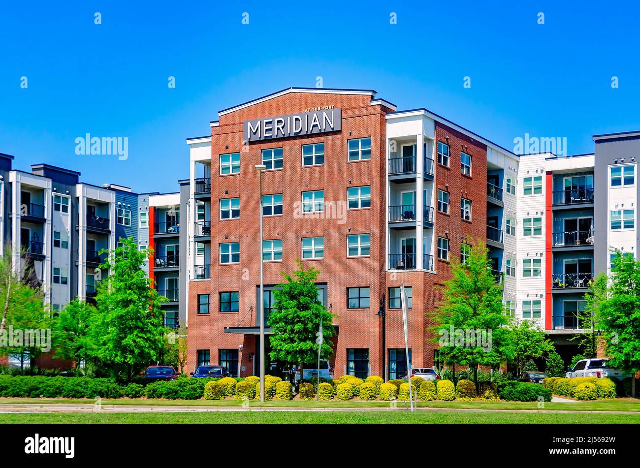 Meridian at the Port, an upscale apartment community, is pictured, April 15, 2022, in Mobile, Alabama. The luxury apartment complex was built in 2019. Stock Photo