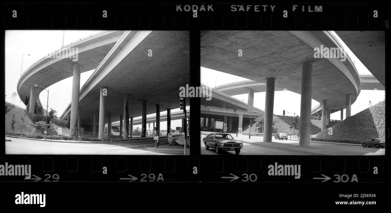 Black and white proof sheet with Kodak film images of the freeway in Los Angeles, CA Stock Photo