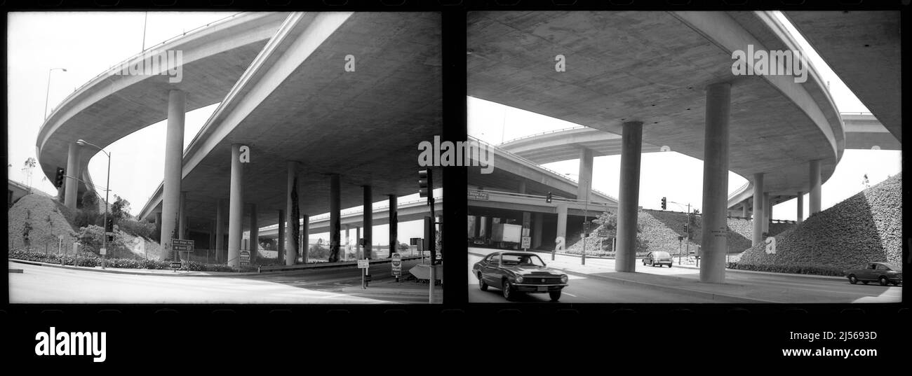 Black and white proof sheet with film images of the freeway in Los Angeles, CA Stock Photo