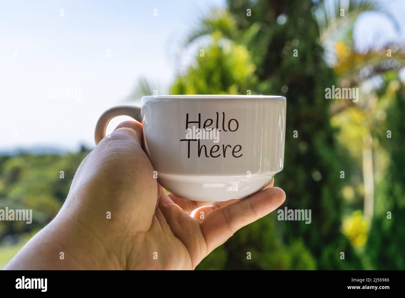Hand Holding White Coffee Cup Against Fresh Nature Background. Hello There. Stock Photo