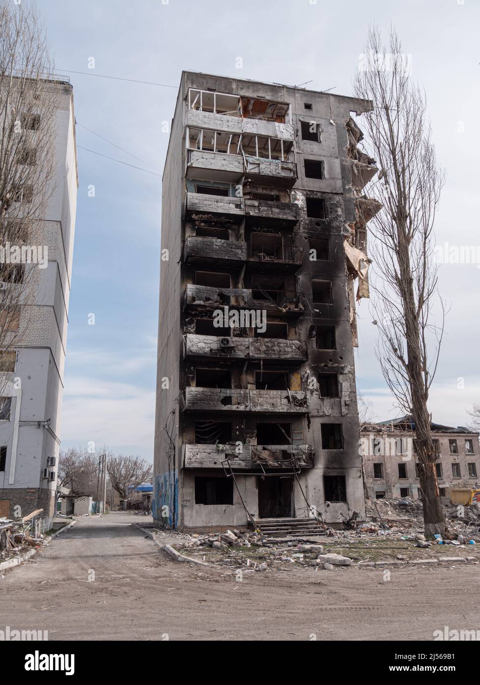 Borodyanka, Ukraine - April 2022: Russian aggression and military invasion of Ukraine. Destroyed houses after rocket and air strikes. Bombed houses of civilians in Ukrainian citie of Bucha, Borodyanka Stock Photo