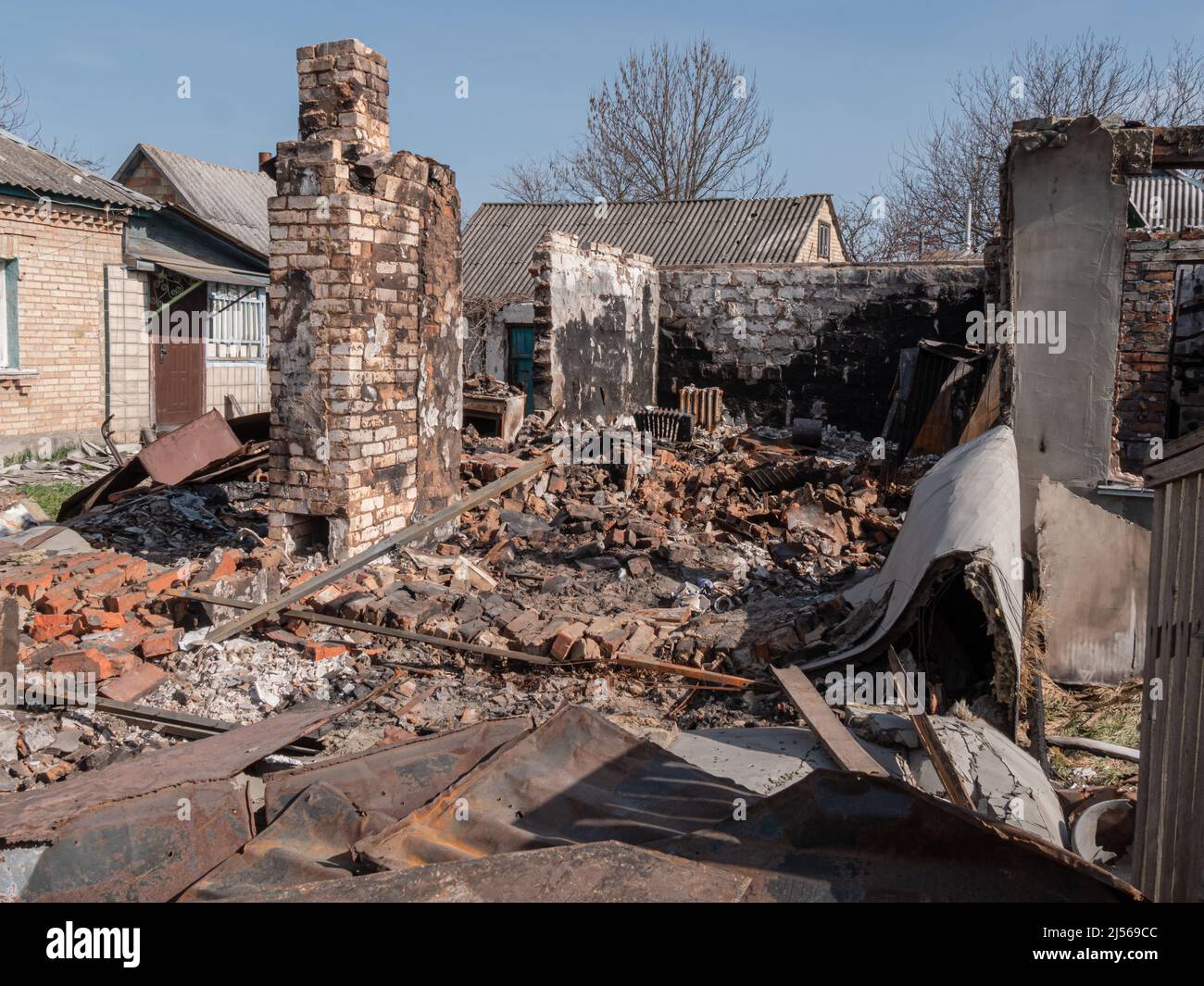 2022 Russian invasion of Ukraine bombed building destroyed Ukraine Russian aggression. Rocket bomb attack Russia against Ukraine war destruction building ruins. Borodyanka, Kyiv region, Ukraine 2022 Stock Photo