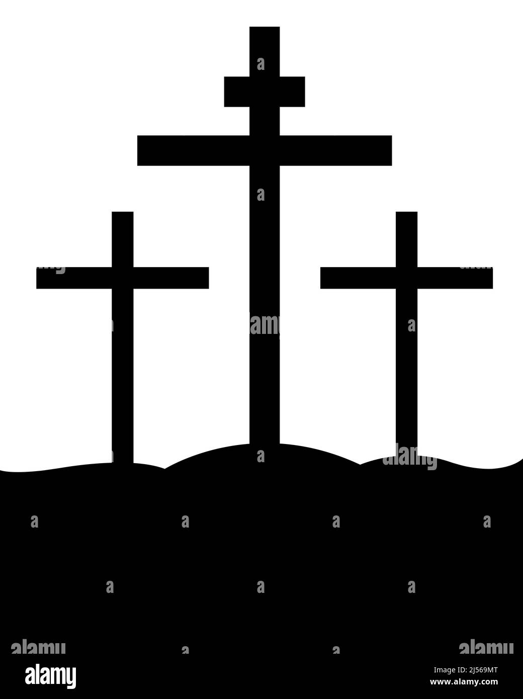 Illustration of crucifixion of Jesus Christ on the cross at Calvary Mountain isolated on white Stock Photo