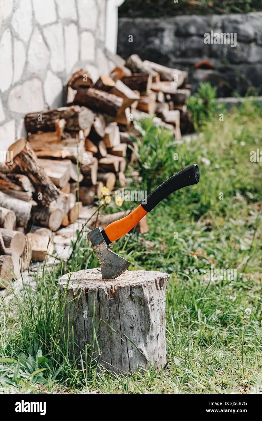 Axe for the crib logs sticks stuck in a tree  Stock Photo