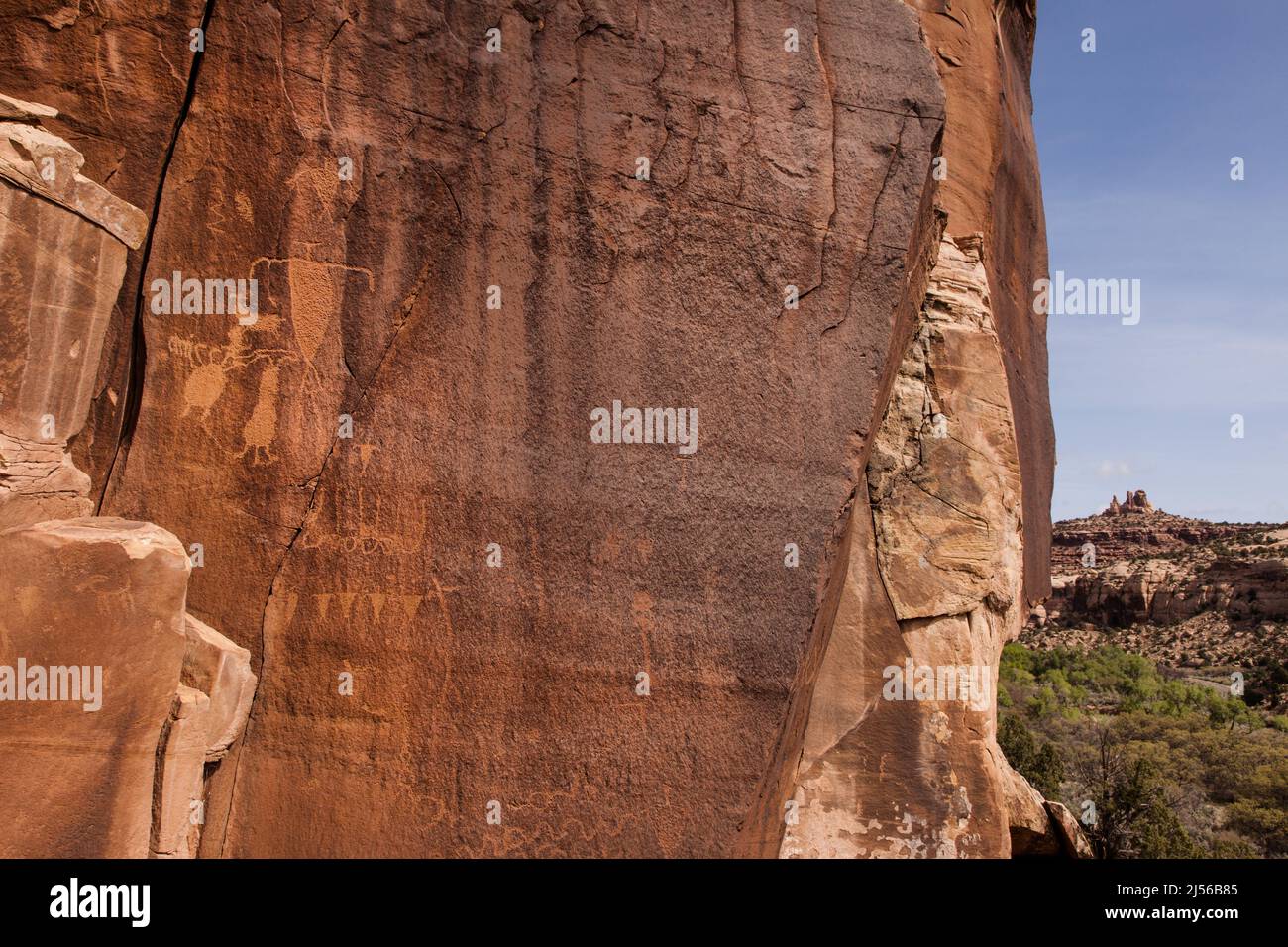 Petroglyphs incised into sandstone walls of Shay Canyon, Indian Creek Unit of the Bears Ears National Monument in Utah.  This Ancient Native American Stock Photo