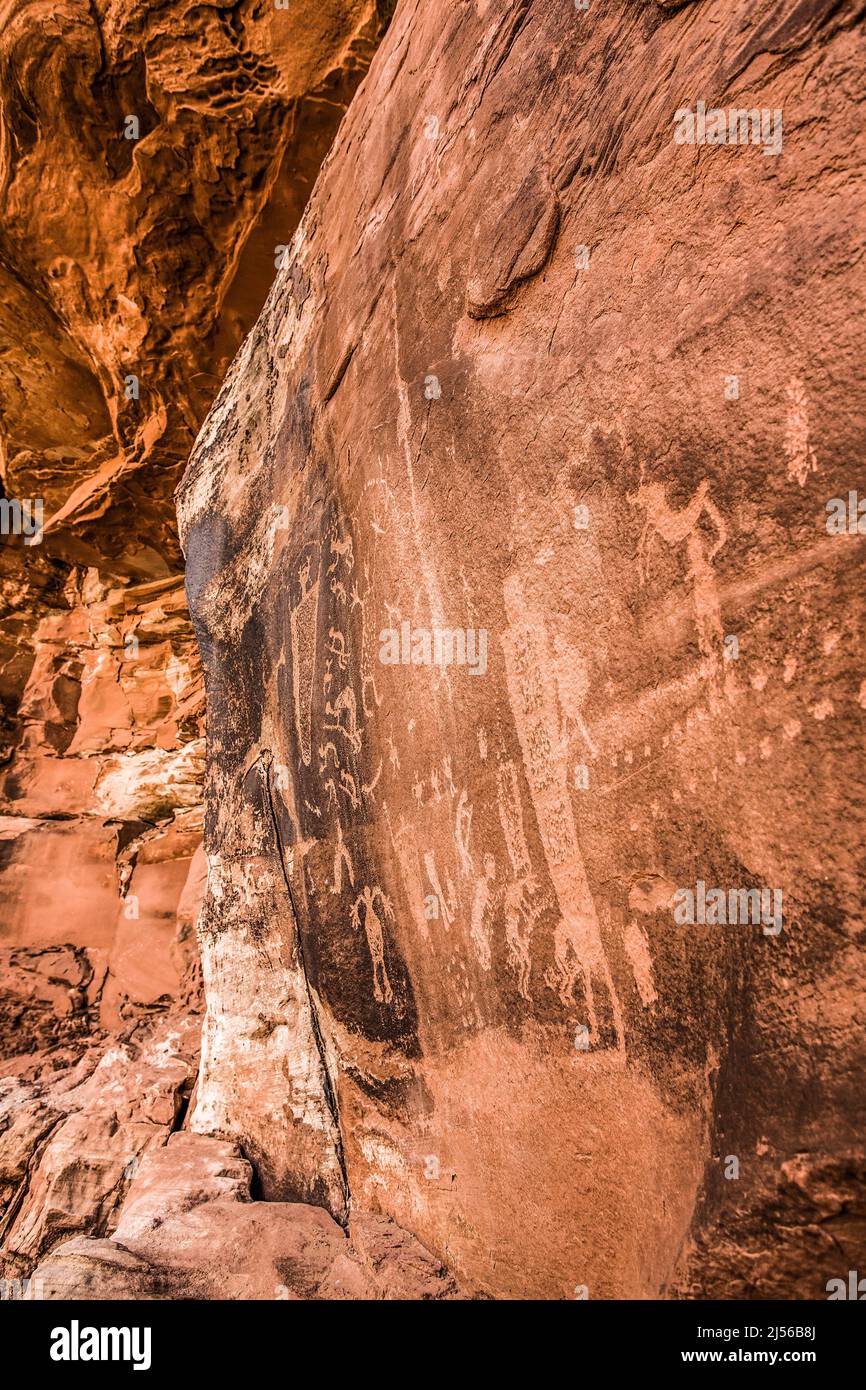 The Fremont Culture petroglyphs of the Kokopelli Panel in Seven Mile Canyon near Moab, Utah, carved on sandstone cliff walls, are more than 800 years Stock Photo