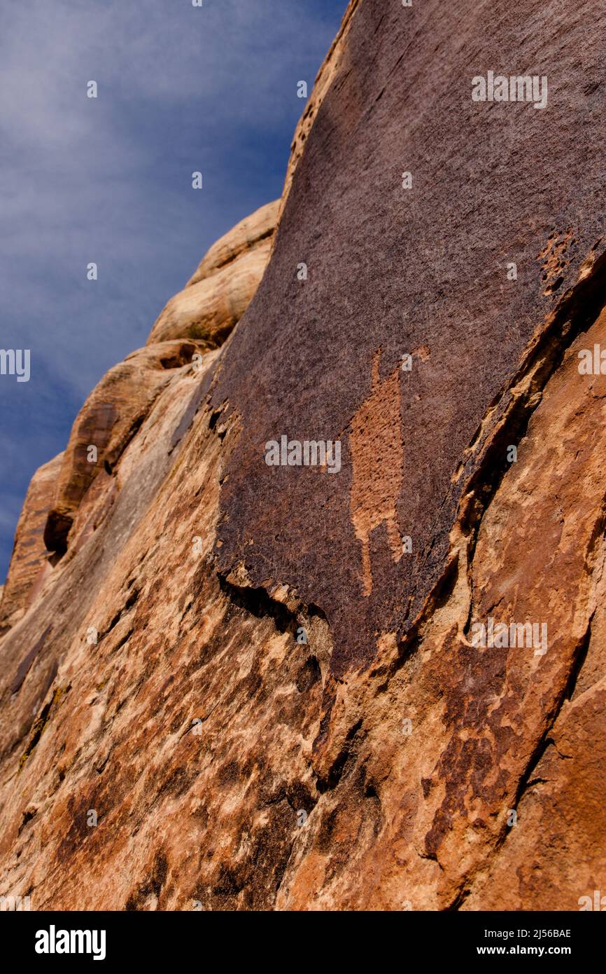 Petroglyphs incised into sandstone walls of Shay Canyon, Indian Creek