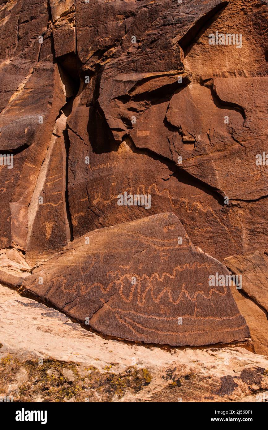 Petroglyphs incised into sandstone walls of Shay Canyon, Indian Creek