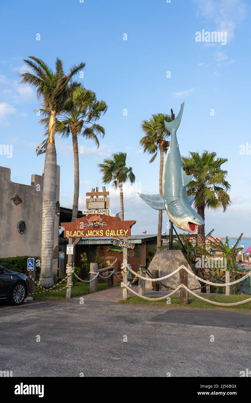 A shark statue hangs next to the entrance of a tourist restaurant and bar on the Laguna Madre in Port Isabel, Texas. Stock Photo
