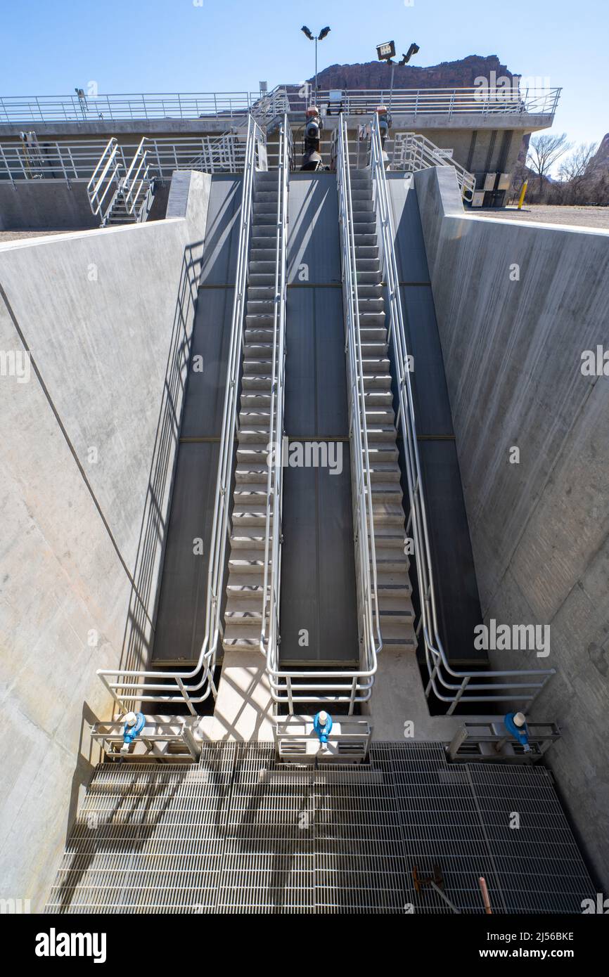 Sewage influent arrives at the SBR or sequential batch reactor wastewater treatment plant below ground level.  It is lifted up to the processing plant Stock Photo