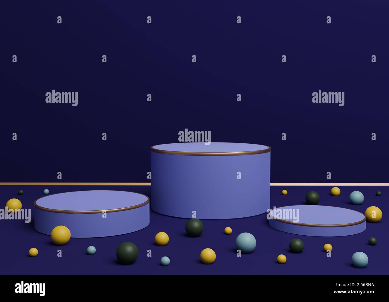 Dark blue 3D rendering of three podium stands product display with ...