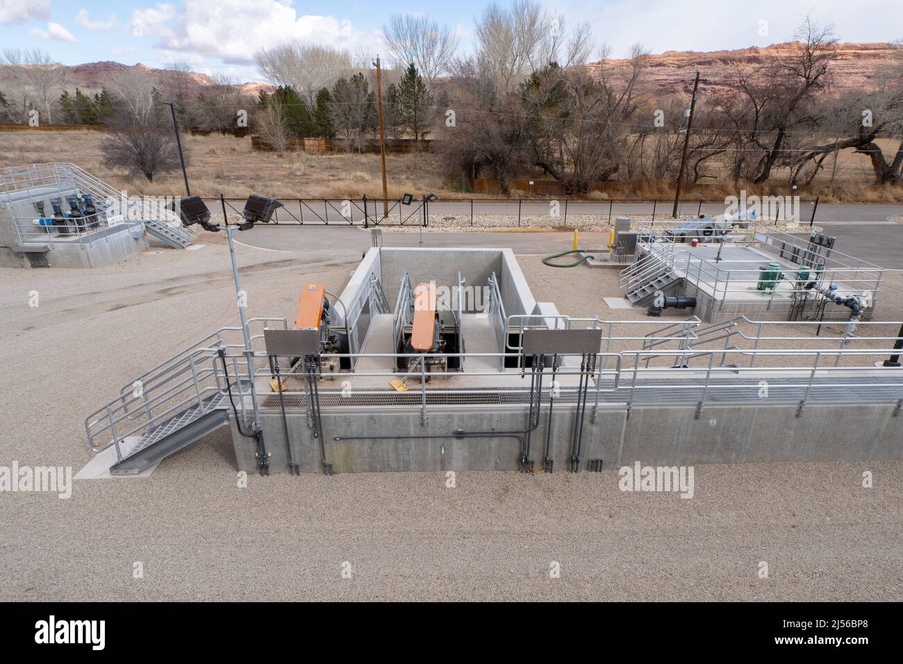 The influent or incoming sewage stations at an SBR or sequential batch reactor wastewater treatment plant in Moab, Utah.  At left are the pumps for th Stock Photo
