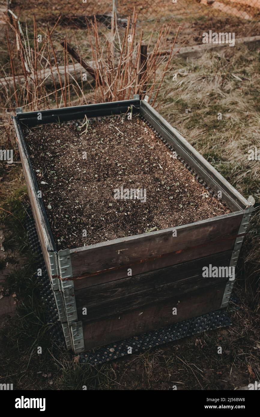 raised beds in garden before season. Permaculture concept Stock Photo
