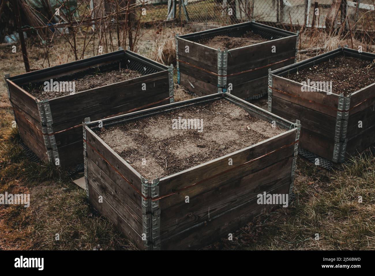 raised beds in garden before season. Permaculture concept Stock Photo