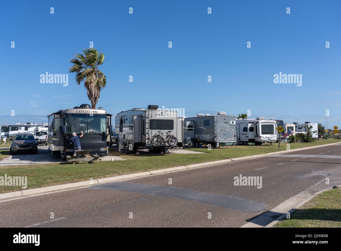 Recreational vehicles or RVs in the Isla Blanca Park RV park in winter