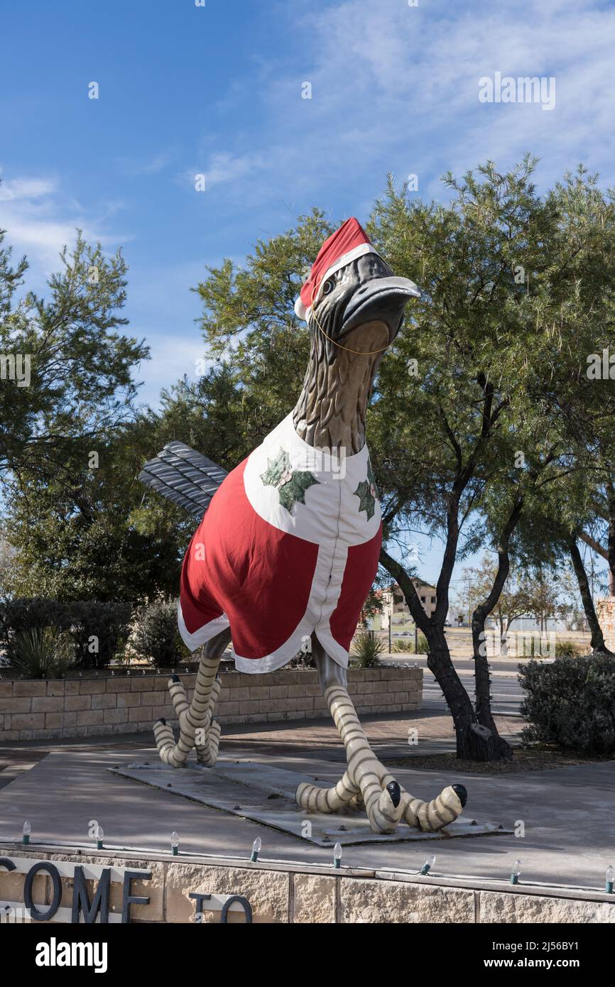 Paisano Pete, a giant roadrunner statue 22' long, dressed up for