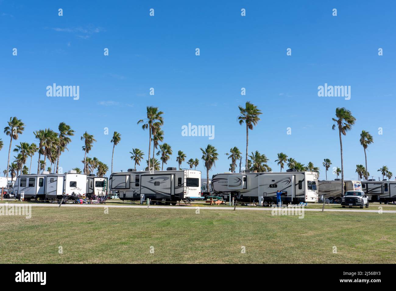 Recreational vehicles or RVs in the Isla Blanca Park RV park in winter