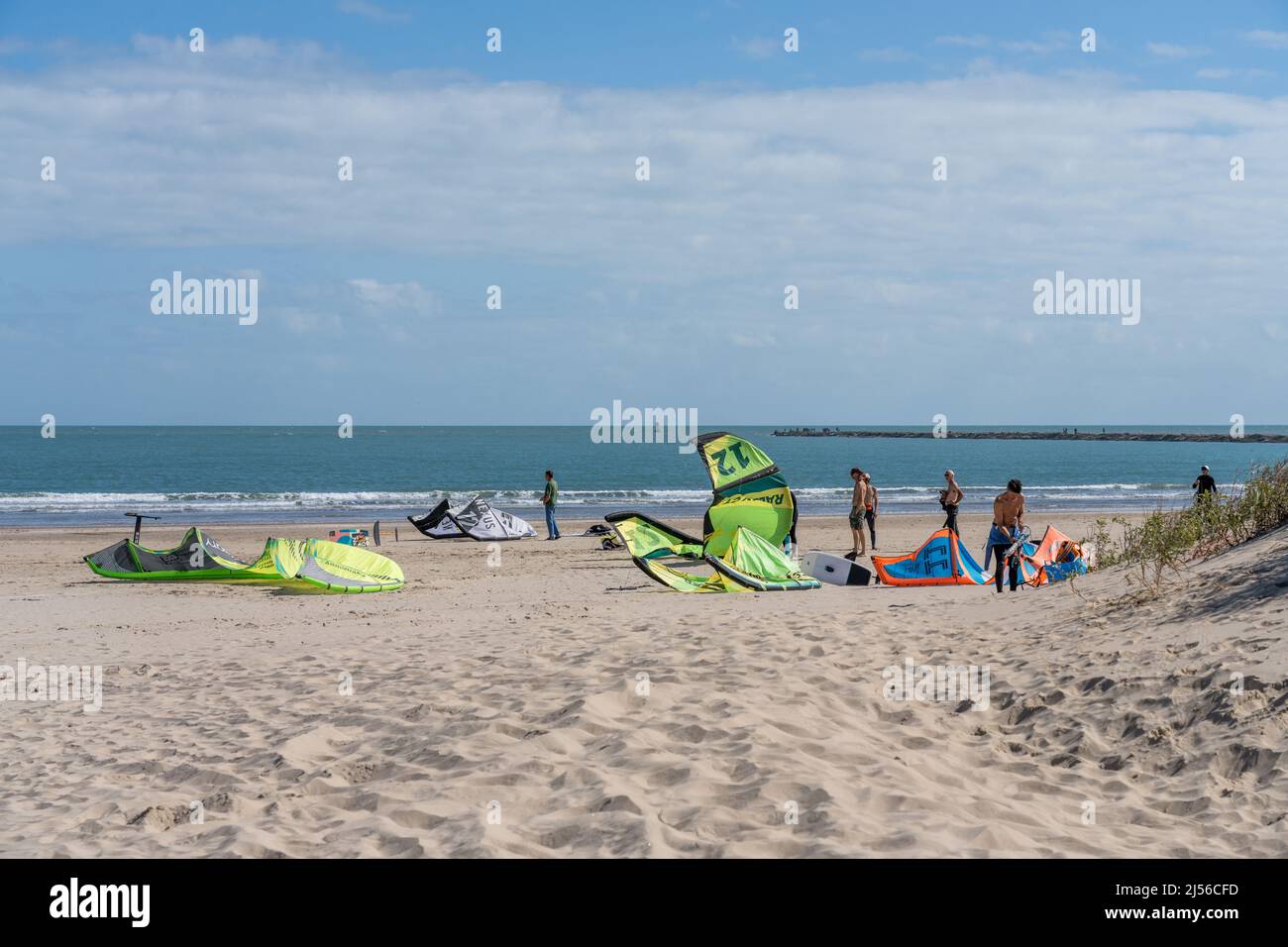 Kite surfers prepare to launch their kites on the beach at South Padre