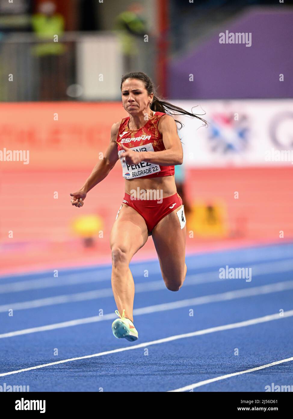 Maria Isabel Perez participating in the Belgrade 2022 World Indoor Championships in the 60 meters. Stock Photo