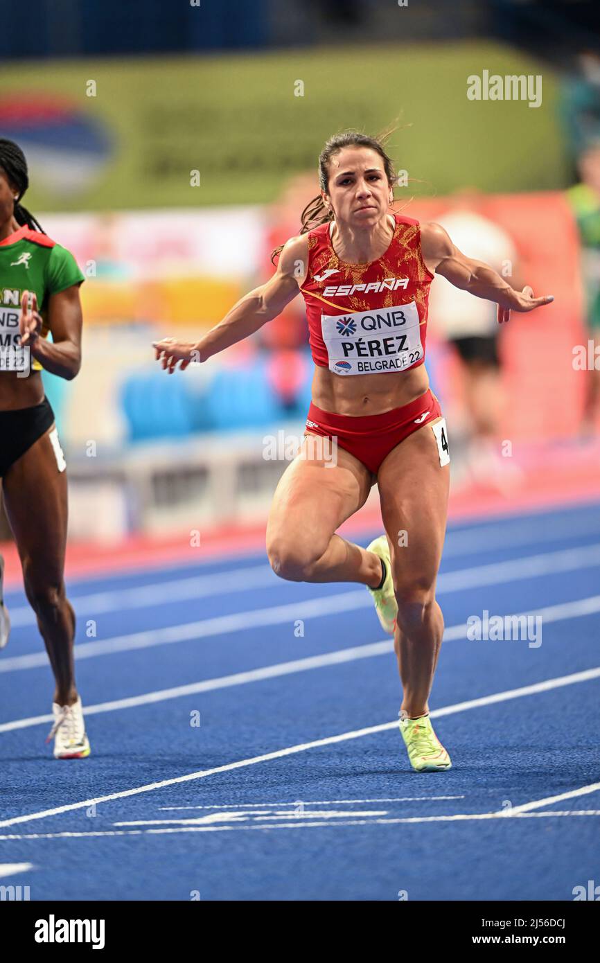 Maria Isabel Perez participating in the Belgrade 2022 World Indoor Championships in the 60 meters. Stock Photo