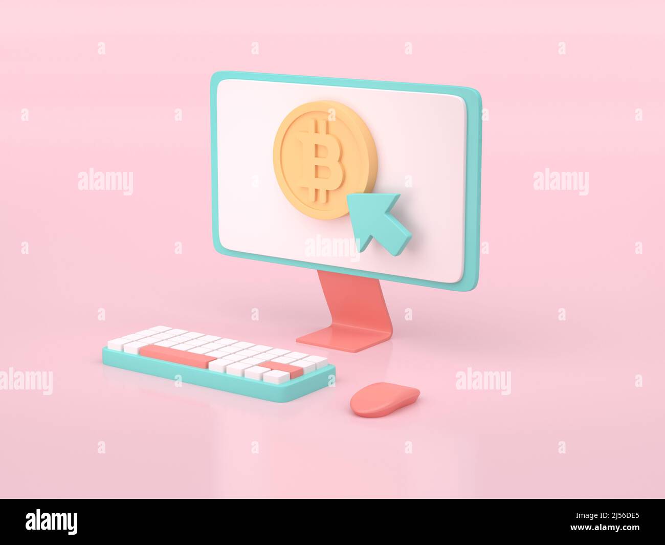 Computer with 3D bitcoin icon. 3D render Stock Photo