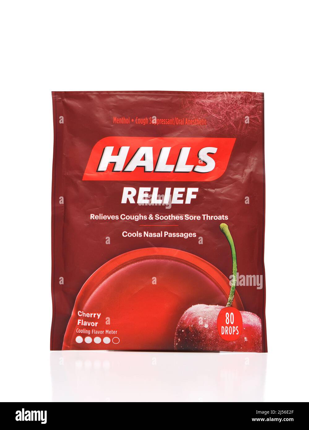 IRVINE, CALIFORNIA - 20 APR 2022: A bag of Halls Relief Cherry Cough Drops. Stock Photo