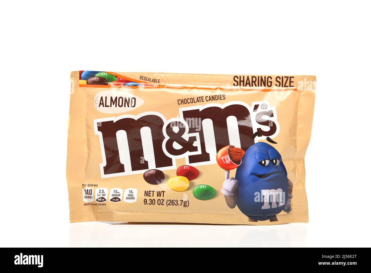 IRVINE, CALIFORNIA - 20 APR 2022: A sharing size bag of Almond M and M's candy. Stock Photo