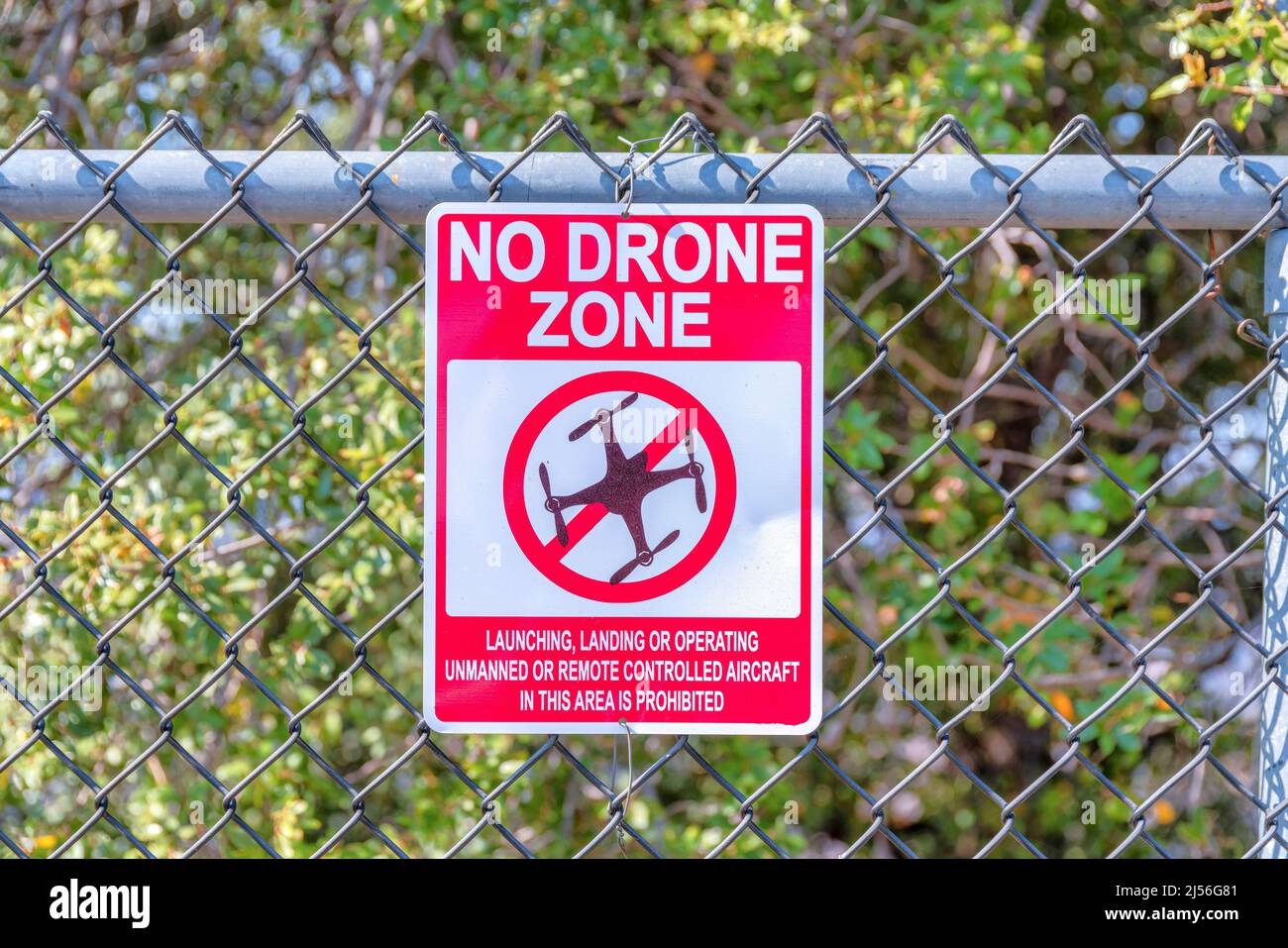 No dron zone warning sign at San Jose in California Stock Photo