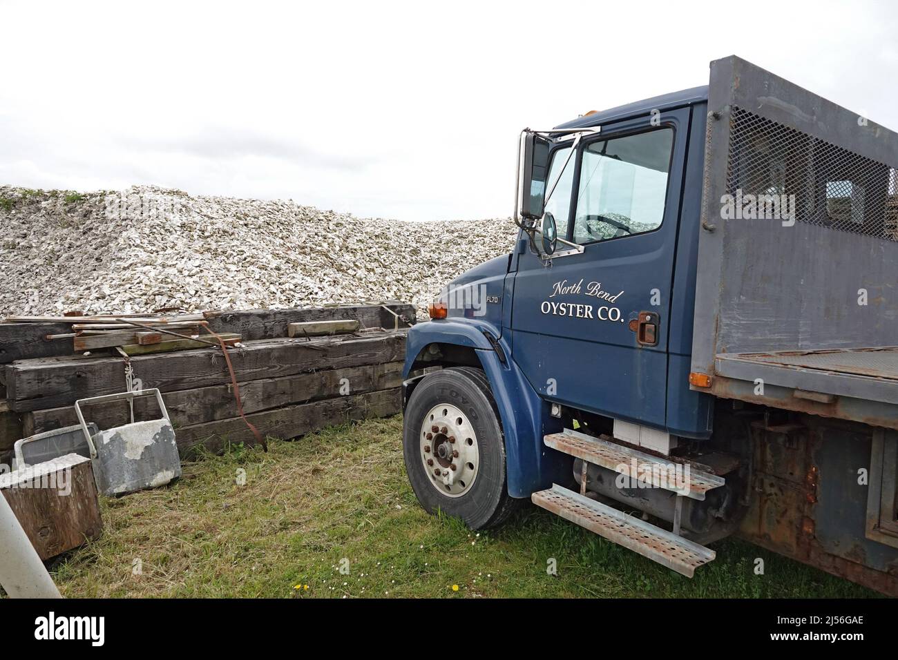 Huge piles of empty oyster shells litter the oceanfront at an Oyster