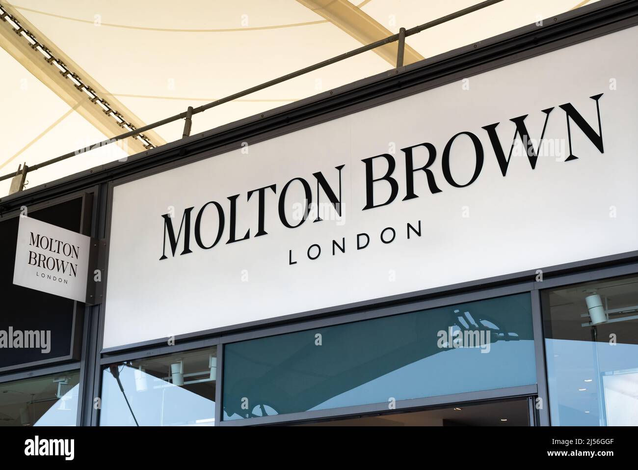 Molton Brown store entrance sign at Ashford Outlet Designer Centre, Kent, England. Stock Photo