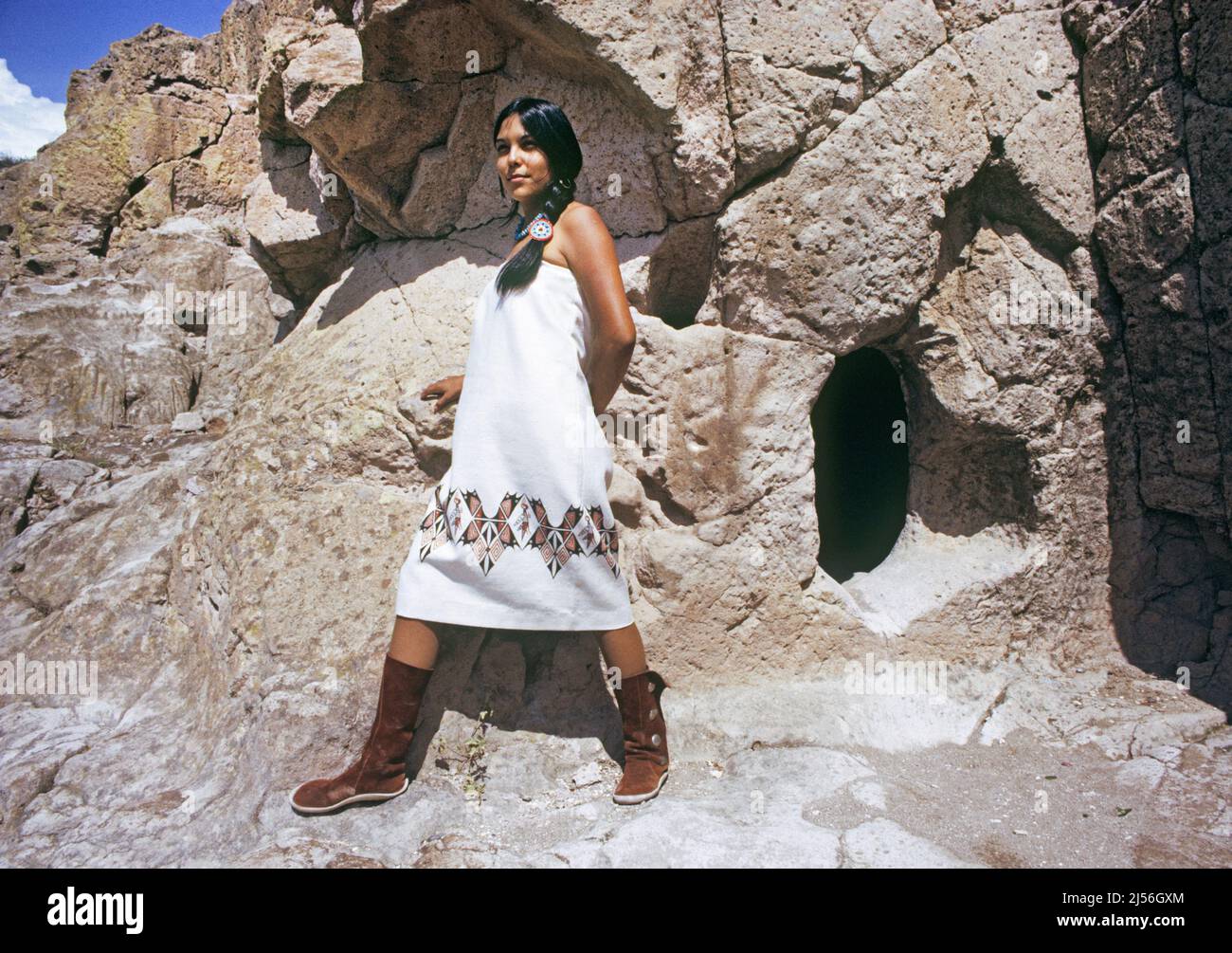 A Tesuque Indian girl from Tesuqued Pueblo in New Mexico, wears hand
