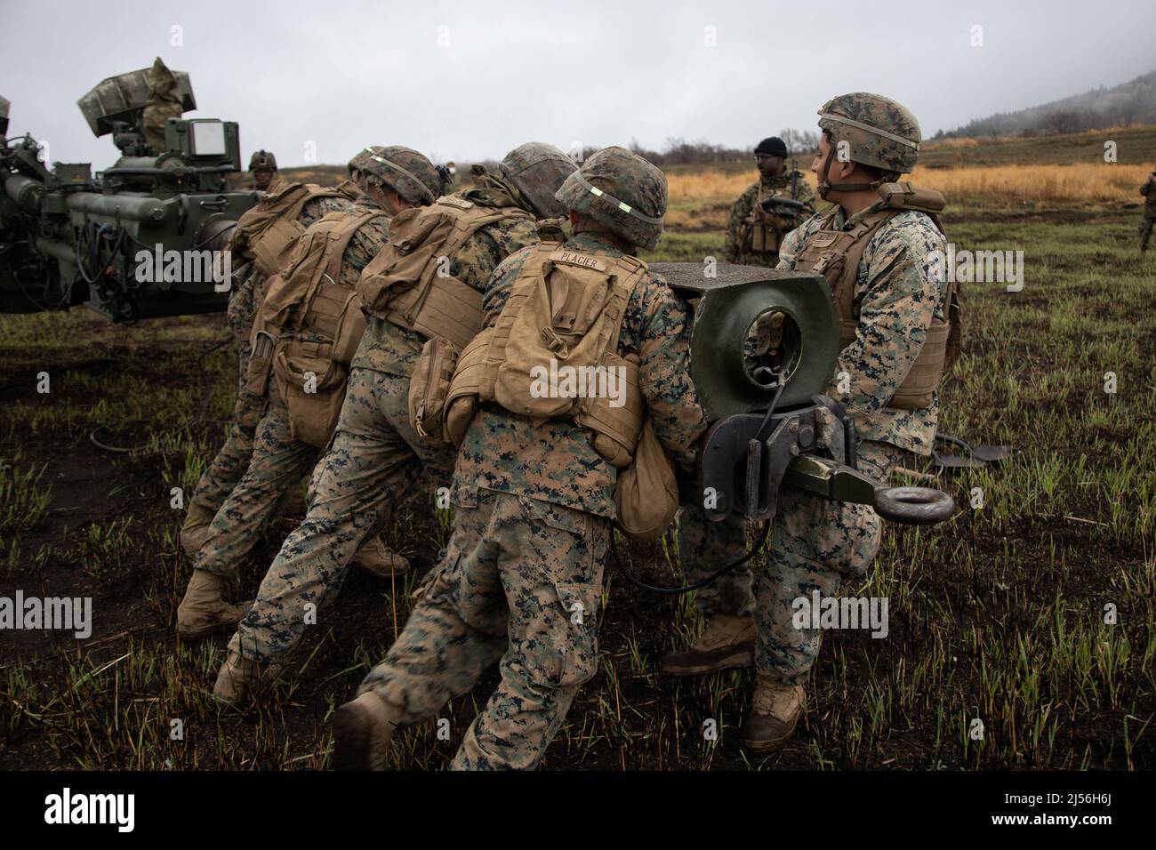 Kusu, Oita, Japan. 14th Apr, 2022. U.S. Marines assigned to 3d Battalion, 12th Marines, 3d Marine Division emplace an M777 towed 155 mm howitzer during Artillery Relocation Training Program 22.1 at the Japan Ground Self-Defense Force Hijudai Training Area, Japan, April 14, 2022. ARTP is an exercise which contributes to the defense of Japan and the U.S.-Japan Alliance as the cornerstone of peace and security in the Indo-Pacific region. The skills developed at ARTP increase the lethality and proficiency of the only permanently forward-deployed artillery unit in the Marine Corps, enabling them Stock Photo