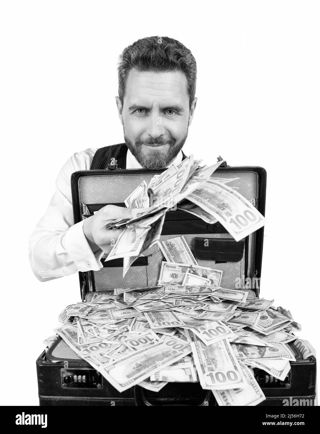 smiling businessman with money case. investor hold case with dollars cash Stock Photo